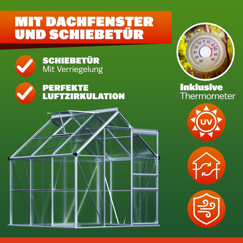 Invernadero GARDEBRUK® de aluminio 3,6m² 190x190cm incl. ventana de techo, caseta para tomates, invernadero, semillero, cobertizo de jardín, cama caliente, casa de plantas, cultivo 5,8m³