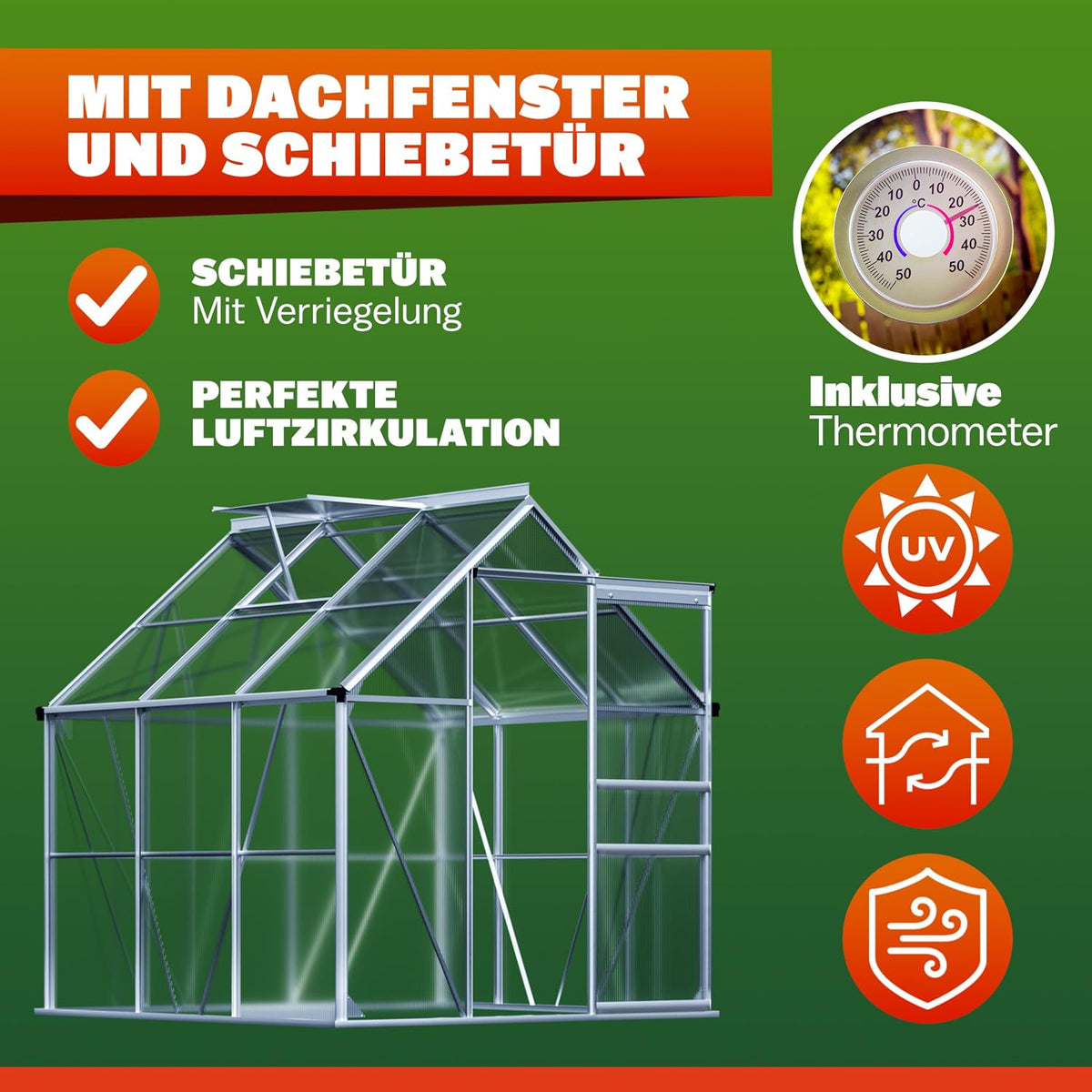 Invernadero GARDEBRUK® de aluminio 3,6m² 190x190cm incl. ventana de techo, caseta para tomates, invernadero, semillero, cobertizo de jardín, cama caliente, casa de plantas, cultivo 5,8m³