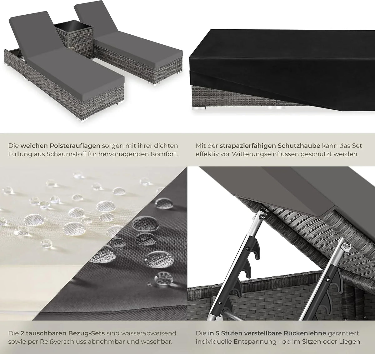 Set de 2 tumbonas con mesa 403088 de aluminio y ratán sintético, ajustables en 5 posiciones, incl. funda protectora, gris