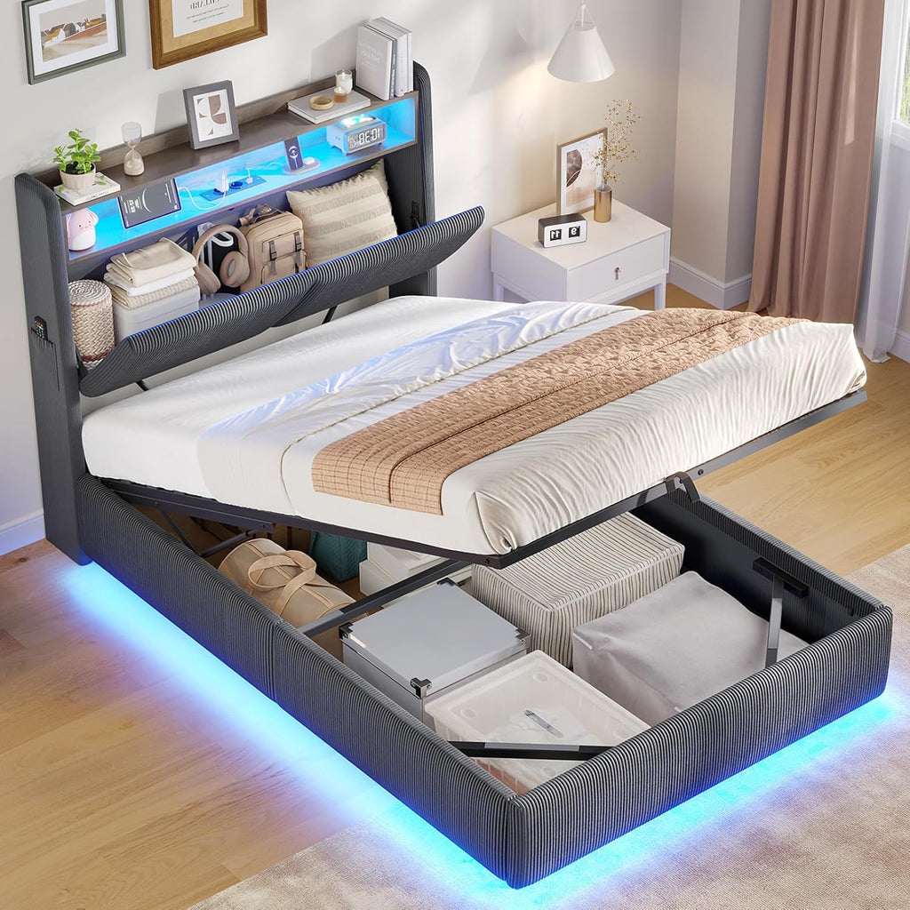 AOGLLATI Cama 90x200 con almacenamiento hidráulico, cama juvenil 90x200 con iluminación LED y estación de carga, cama tapizada individual, cama infantil con cabecero con almacenamiento, sin colchón (gris oscuro, 90x200 cm)