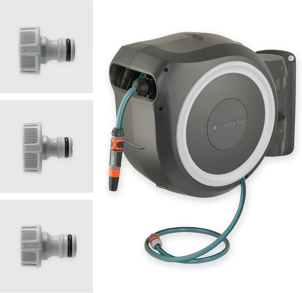 Caja portamangueras de pared RollUp XL de 35 m, almacenamiento automático de manguera con soporte de pared giratorio, incluye boquilla y accesorios de montaje