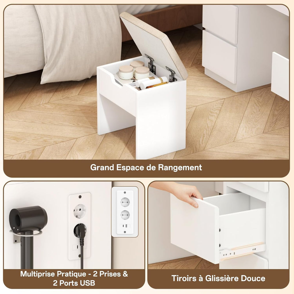 Tocador grande con espejo e iluminación LED de 115 cm, temperatura de color ajustable, tocador de 7 cajones con enchufe, mesa de maquillaje con taburete, 115x40x139 cm, blanco