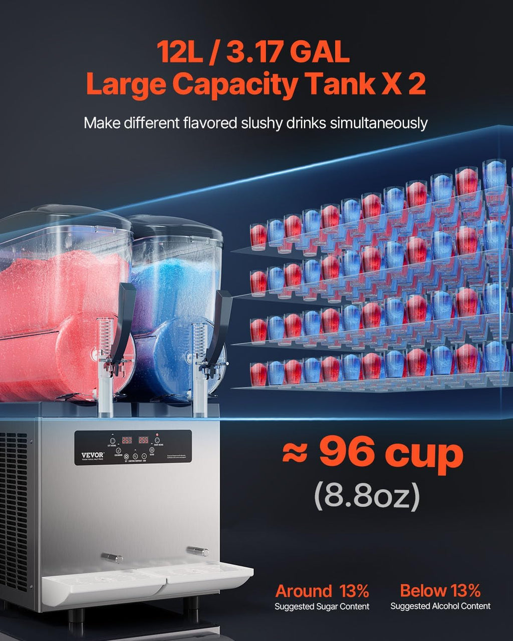 Máquina comercial de granizados VEVOR, máquina de doble depósito de 12 L x 2 para bebidas congeladas, máquina de granizados de acero inoxidable de 96 tazas con panel de botones, máquina de helado suave para fiestas, restaurantes, cafeterías y bares