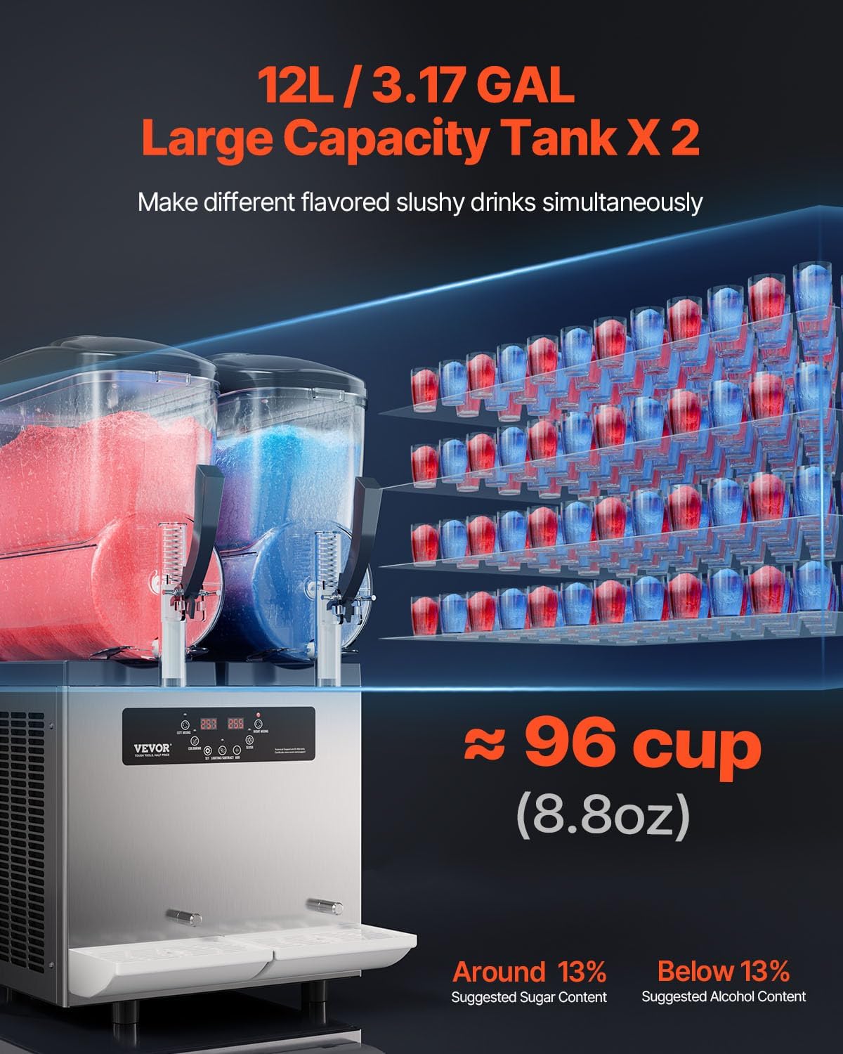 Máquina comercial de granizados VEVOR, máquina de doble depósito de 12 L x 2 para bebidas congeladas, máquina de granizados de acero inoxidable de 96 tazas con panel de botones, máquina de helado suave para fiestas, restaurantes, cafeterías y bares