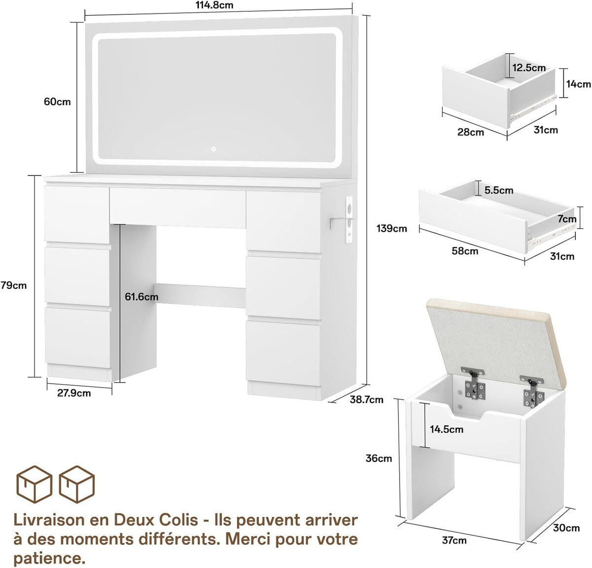 Tocador grande con espejo e iluminación LED de 115 cm, temperatura de color ajustable, tocador de 7 cajones con enchufe, mesa de maquillaje con taburete, 115x40x139 cm, blanco