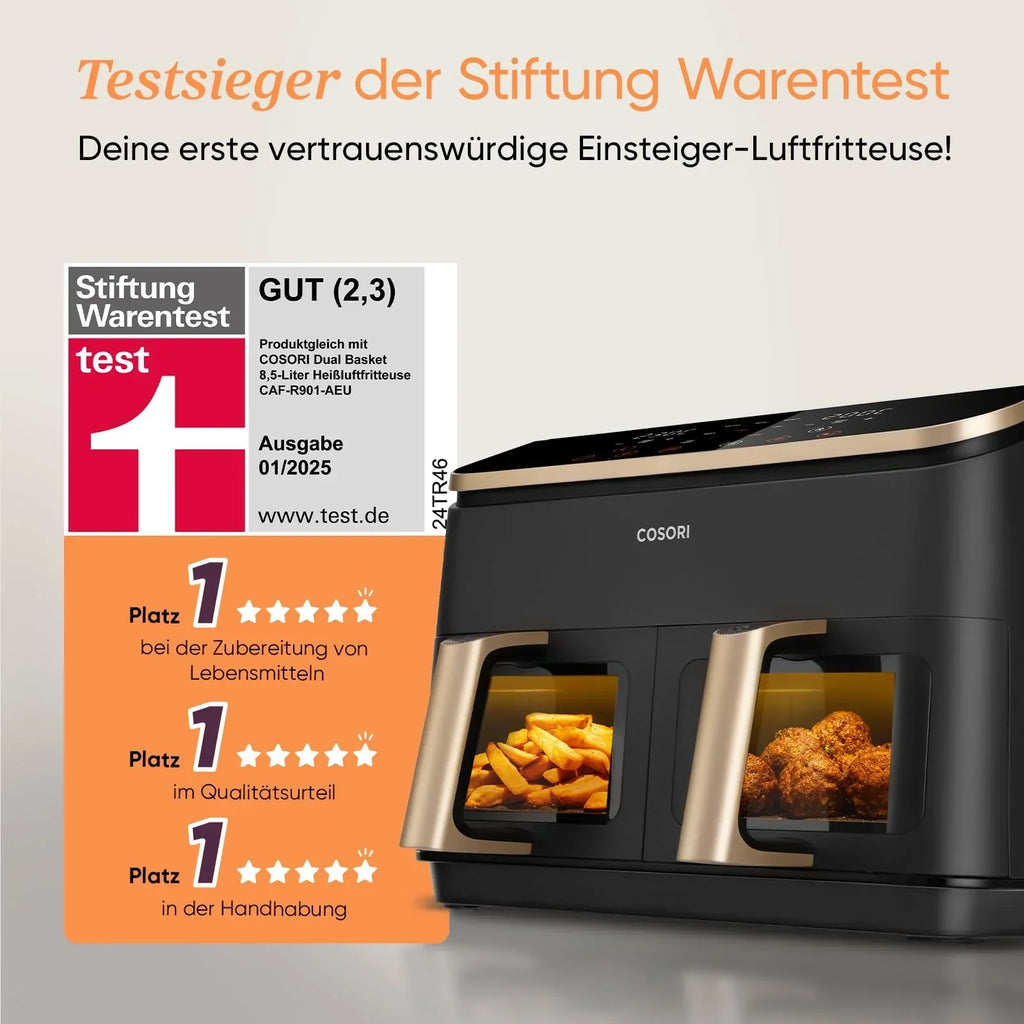 Freidora de aire COSORI, con ventana de visualización, 8,5L freidora de aire de 2 compartimentos, tecnología NTC para un control preciso de la temperatura, color dorado