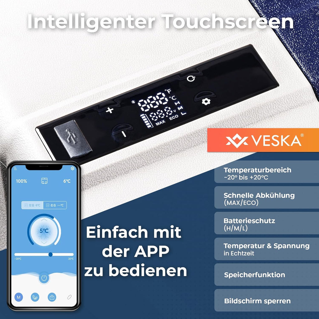 Nevera portátil de compresor, congelador con control por APP, puerto USB, 12/24V, 230V, ruedas, refrigerador transportable, arcón frigorífico, caja congeladora hasta -20 °C para coche, camión, barco (52L - antracita)