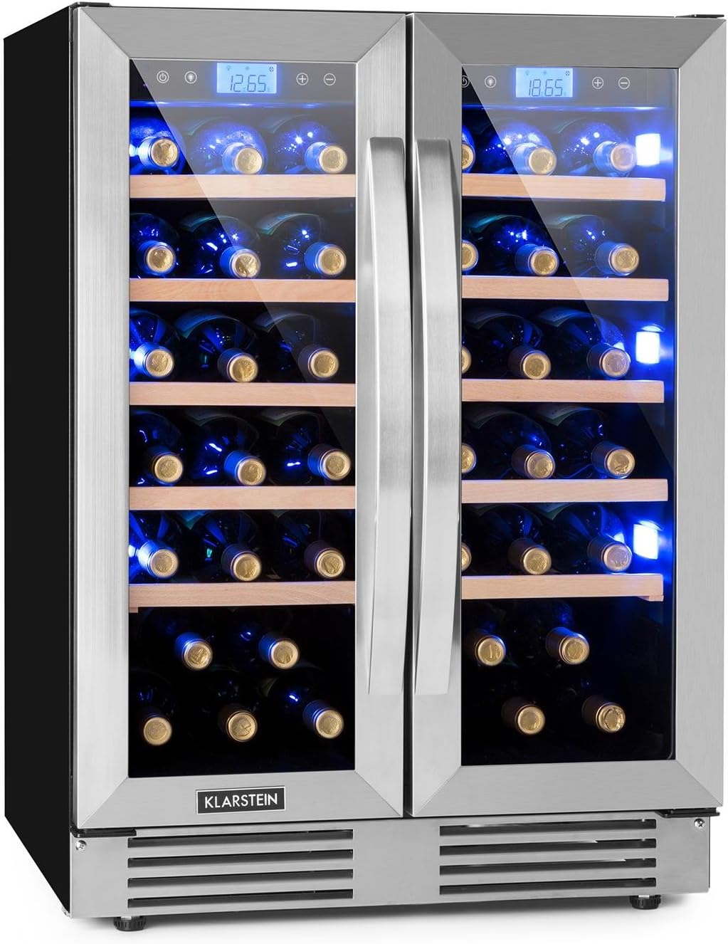 Klarstein Vinovilla Duo42, Bodega climatizada, Refrigerador de bebidas, Volumen: 126 L, 2 x 5 estantes de madera, Iluminación interior LED en 3 colores seleccionables, 2 zonas de enfriamiento, negro