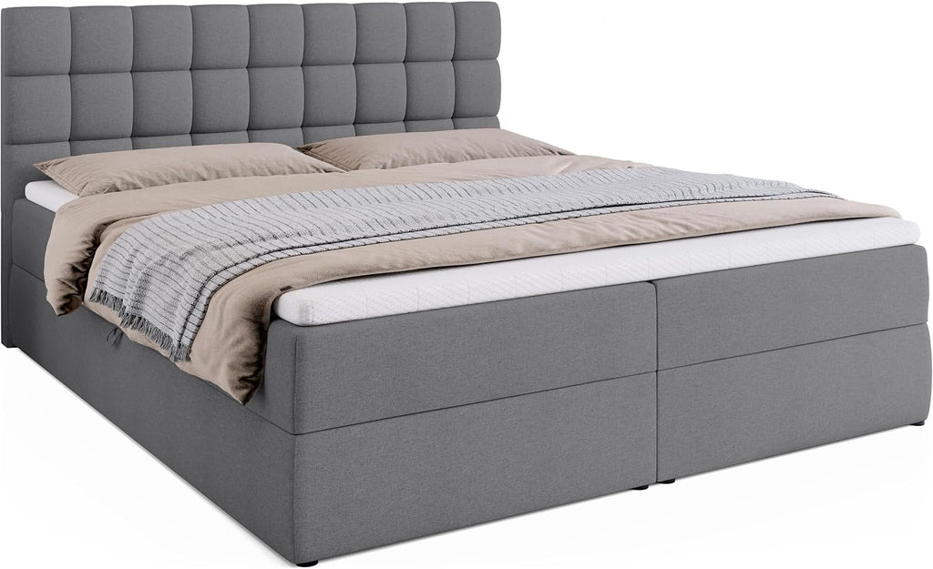 Cama boxspring BROMARKT con arcón, cama tapizada con colchón Bonell y topper, cama para dormitorio con cabecero acolchado Dakota, muelles Bonell, 180x200, grado de firmeza H3, gris Malmo