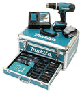 Taladro percutor a batería Makita DHP453RFX2 18 V 3000 mAh en maletín de aluminio con set de accesorios de 96 piezas, azul/plata