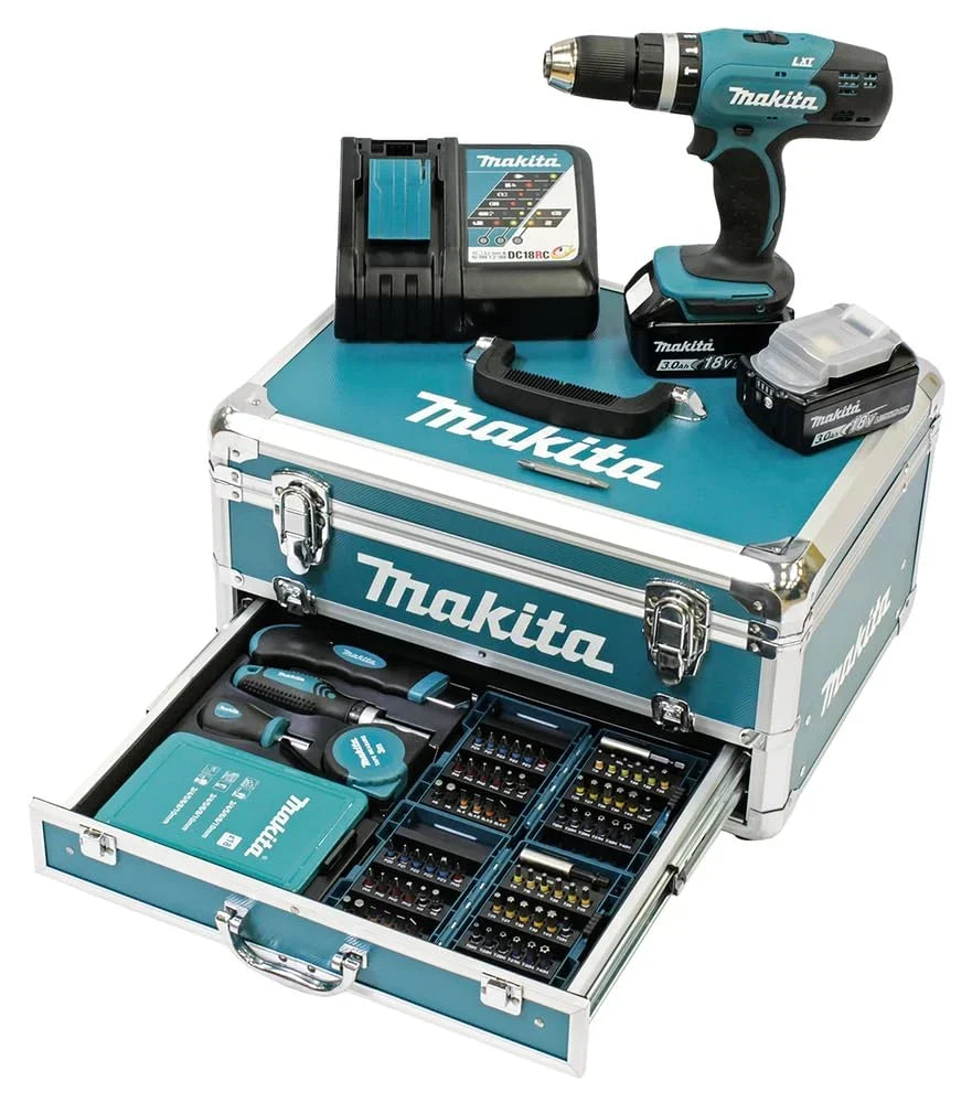 Taladro percutor a batería Makita DHP453RFX2 18 V 3000 mAh en maletín de aluminio con set de accesorios de 96 piezas, azul/plata