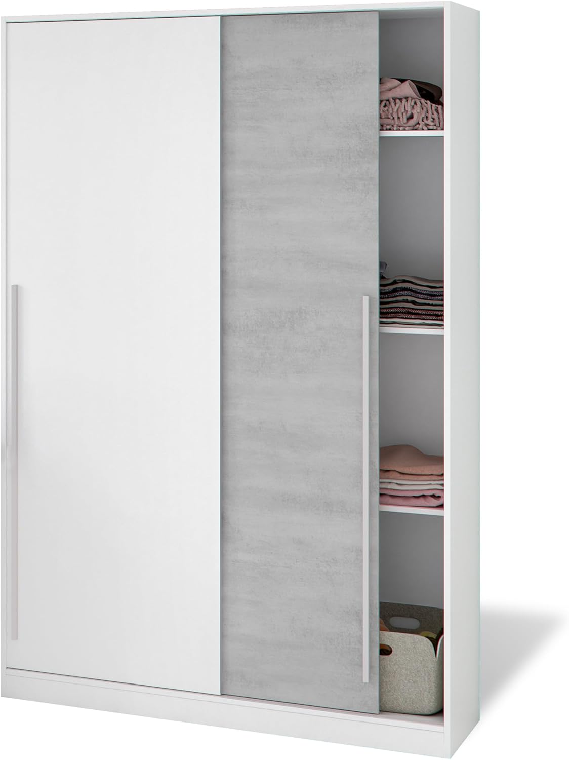 duehome | Armario de 2 puertas correderas, barra de colgar y estantes, armario para dormitorio, modelo Show, acabado en blanco Artik y cemento, medidas: 120 cm (largo) x 200 cm (alto) x 50 cm (fondo)