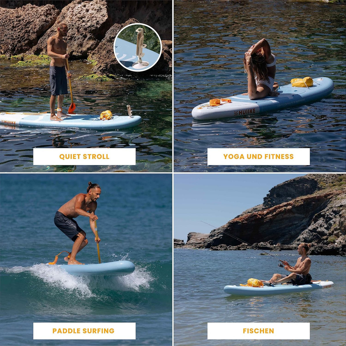 Tabla de Stand Up Paddle HUIIKE con accesorios, remo, aletas, correa, bomba y mochila. Tabla de SUP inflable de gran estabilidad y resistencia. Convertible en kayak, 305-365 cm, soporta 130-170 kg.