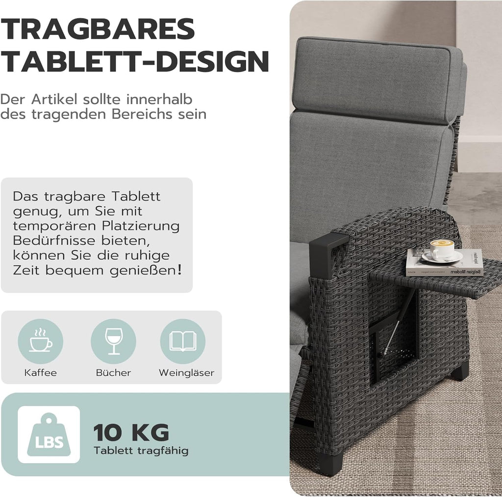 UDPATIO Sillón de ratán para jardín, reclinable, tumbona ajustable a 150°, con respaldo ajustable, fundas y cojines extraíbles, impermeable, para interior y exterior - Gris