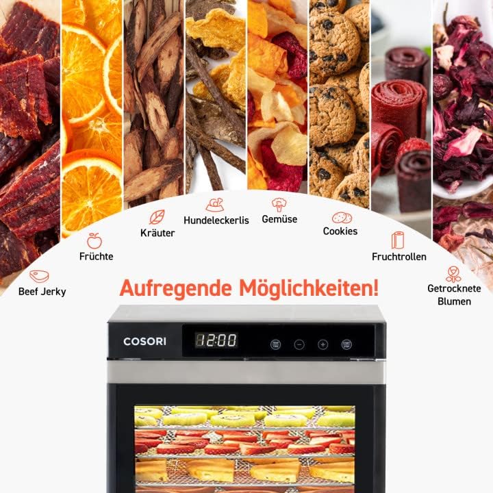 Deshidratador de alimentos COSORI de acero inoxidable, con 50 recetas, incluye 6 bandejas de acero inoxidable, 3 rejillas de secado, 3 láminas para deshidratar, gran superficie de 0,6 m², temporizador de 48 horas, pantalla LED (35°-75°C) y 650 W