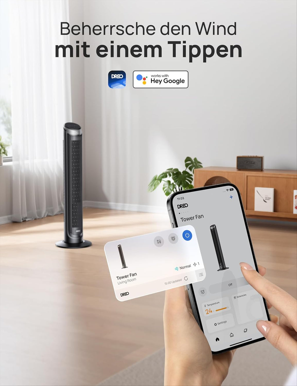DREO Smart Turmventilator Sehr Leise, 90° Oszillierend Standventilator für Schlafzimmer, 7.9 m/s Windstärke, 5 Stufen, 4 Modi, Touch/Fernbedienung/App & Sprachsteuerung, Alexa, 12H Timer, Silber