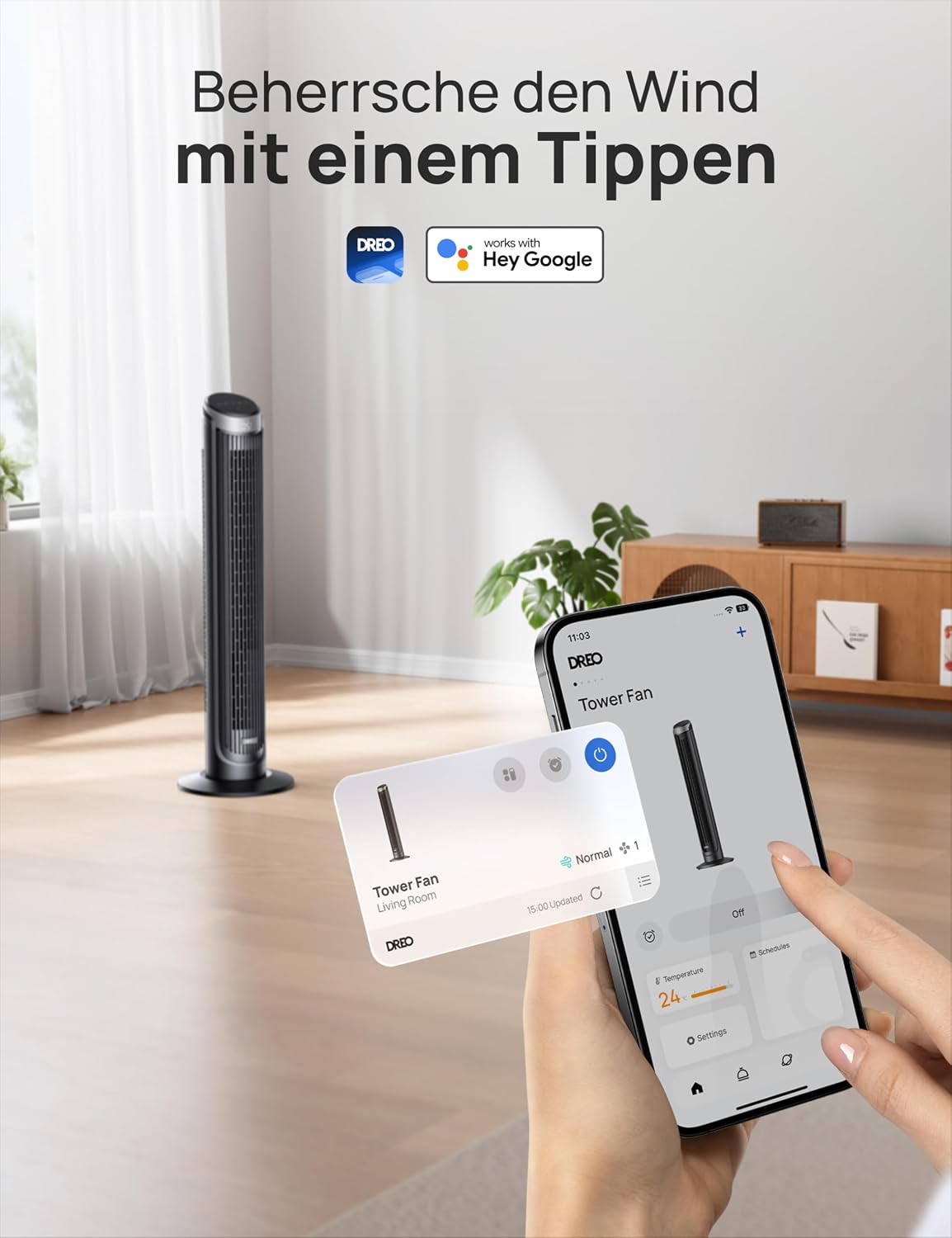 DREO Smart Turmventilator Sehr Leise, 90° Oszillierend Standventilator für Schlafzimmer, 7.9 m/s Windstärke, 5 Stufen, 4 Modi, Touch/Fernbedienung/App & Sprachsteuerung, Alexa, 12H Timer, Silber