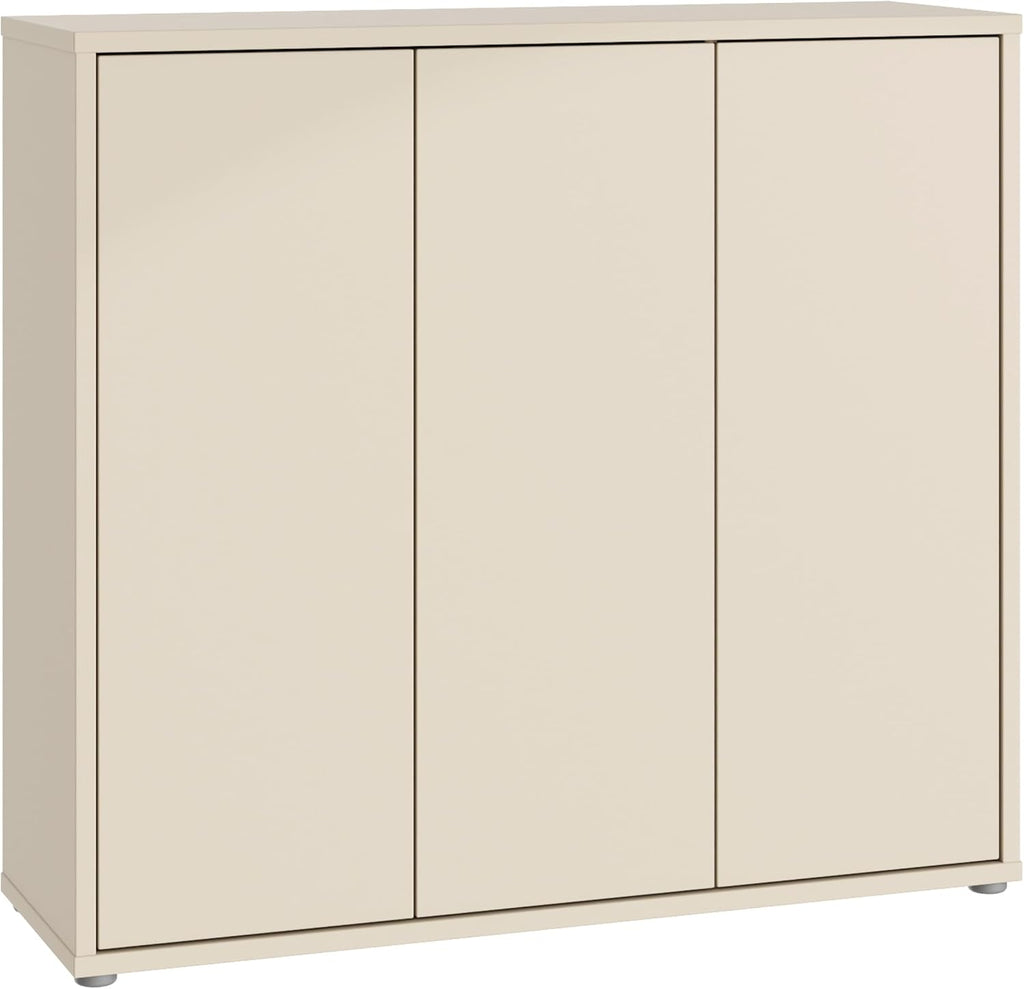 Zapatero Forte Alice Springs 100 110, armario de recibidor con 3 puertas y 8 estantes, madera reconstituida, color beige cachemira, 109,2 cm de ancho x 99,1 cm de alto x 34,9 cm de profundidad