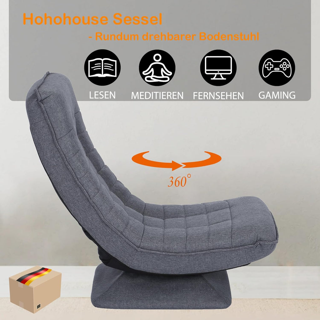 Sillón relax, cómodo sillón de suelo con respaldo ajustable en 4 posiciones, función giratoria de 360°, mecanismo de plegado, acolchado de 13 cm, capacidad de carga de 150 kg para salón o dormitorio (gris)