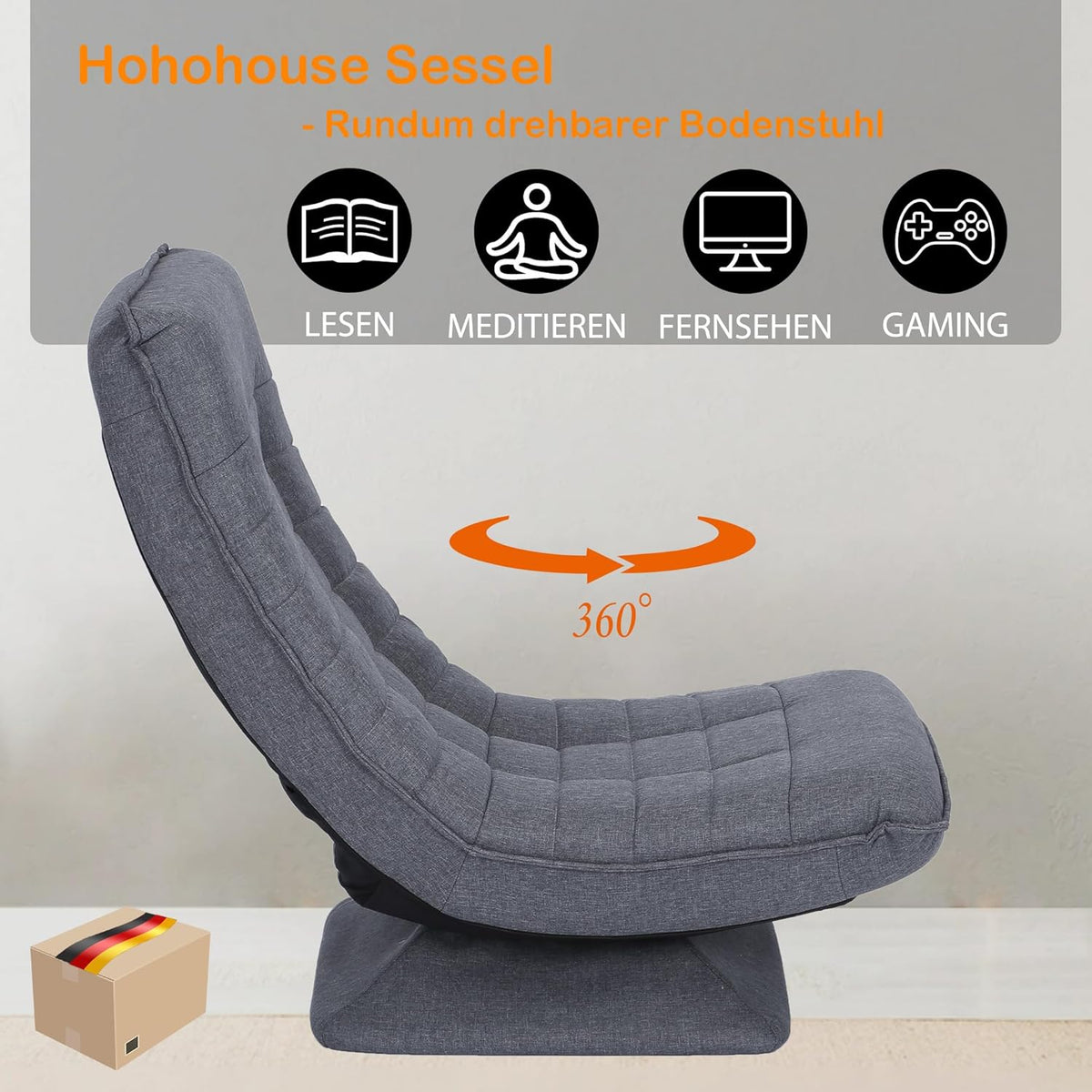 Sillón relax, cómodo sillón de suelo con respaldo ajustable en 4 posiciones, función giratoria de 360°, mecanismo de plegado, acolchado de 13 cm, capacidad de carga de 150 kg para salón o dormitorio (gris)