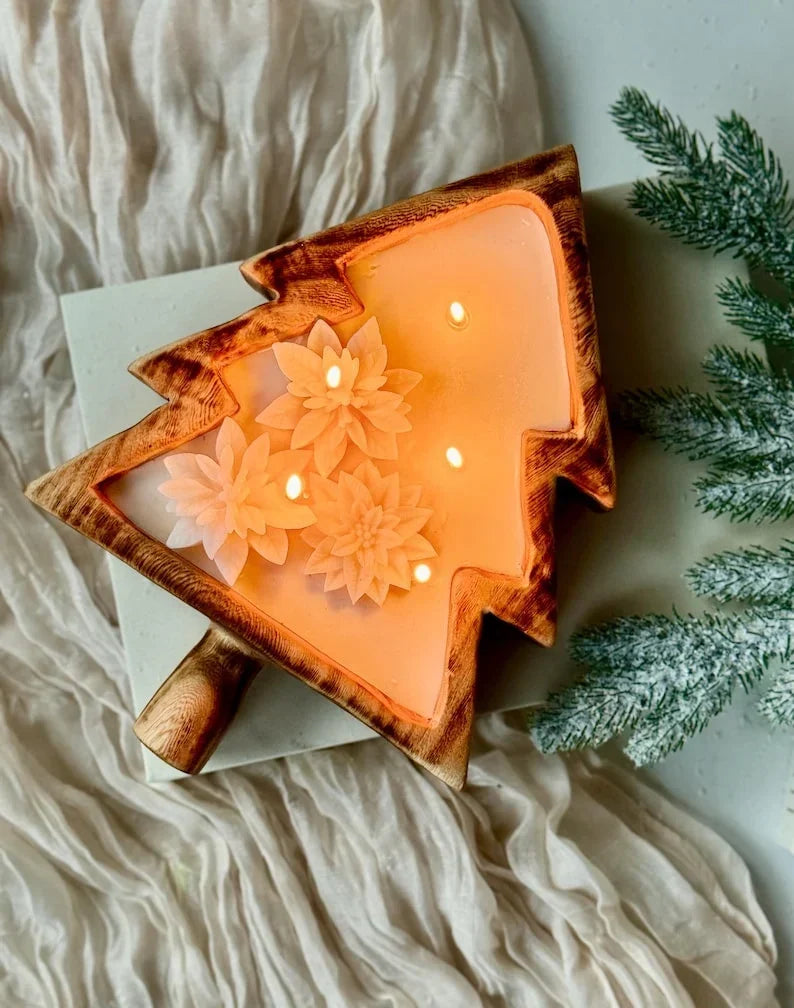 Cuenco de madera en forma de árbol de Navidad con copos de nieve o flor de Pascua, vela de soja, 100% cera de soja natural, mechas de madera, 26 cm x 19 cm
