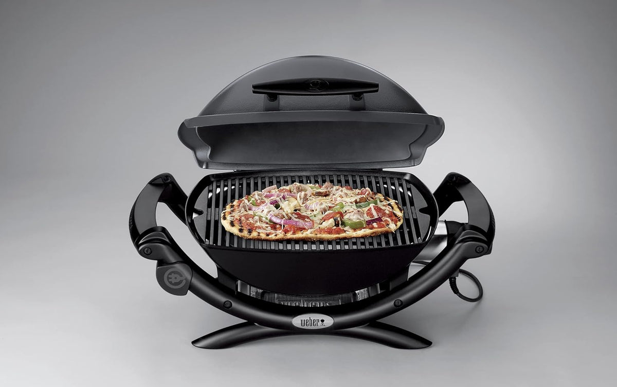 Barbacoa eléctrica Weber Q1400, superficie de cocción de 43 x 32 cm, barbacoa portátil, rejilla de cocción de hierro fundido vitrificado dividida en 2, tapa y cuerpo de aluminio fundido - Gris oscuro (52020079)