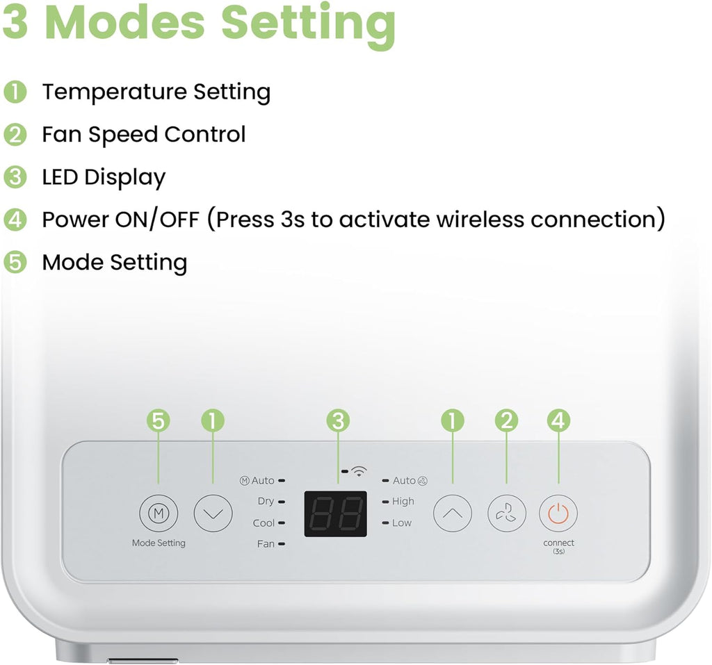 Aire acondicionado portátil Comfee Breezy Cool Pro 2.6, 9000 BTU 2,6 kW, refrigeración, ventilación y deshumidificación, control por aplicación, para habitaciones de hasta 88 m³ (33 m²), aire acondicionado móvil con tubo de escape