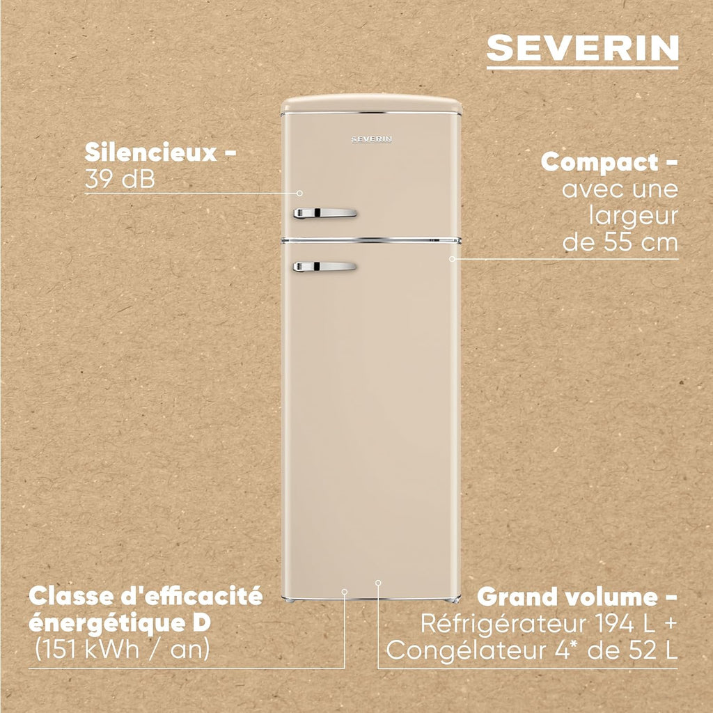 Severin Frigorífico Congelador de 2 puertas, Independiente, Frigorífico de Doble Puerta con Congelador, Anchura 55 cm, 246 L, Clase D, Estilo Retro, Crema, RKG 8985