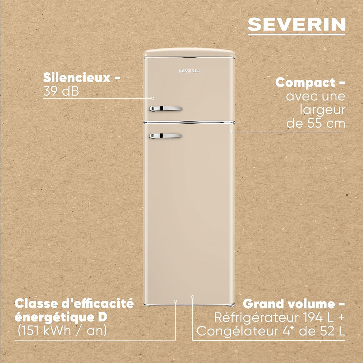 Severin Frigorífico Congelador de 2 puertas, Independiente, Frigorífico de Doble Puerta con Congelador, Anchura 55 cm, 246 L, Clase D, Estilo Retro, Crema, RKG 8985