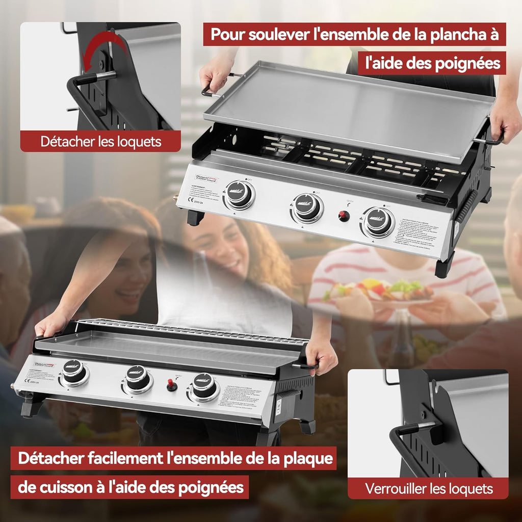 Plancha de gas propano Royal Gourmet de acero inoxidable, 3 quemadores de 7,5 kW, superficie de cocción de 61,5 x 32 cm con rejilla de calentamiento, adecuada para camping y exteriores, plateada