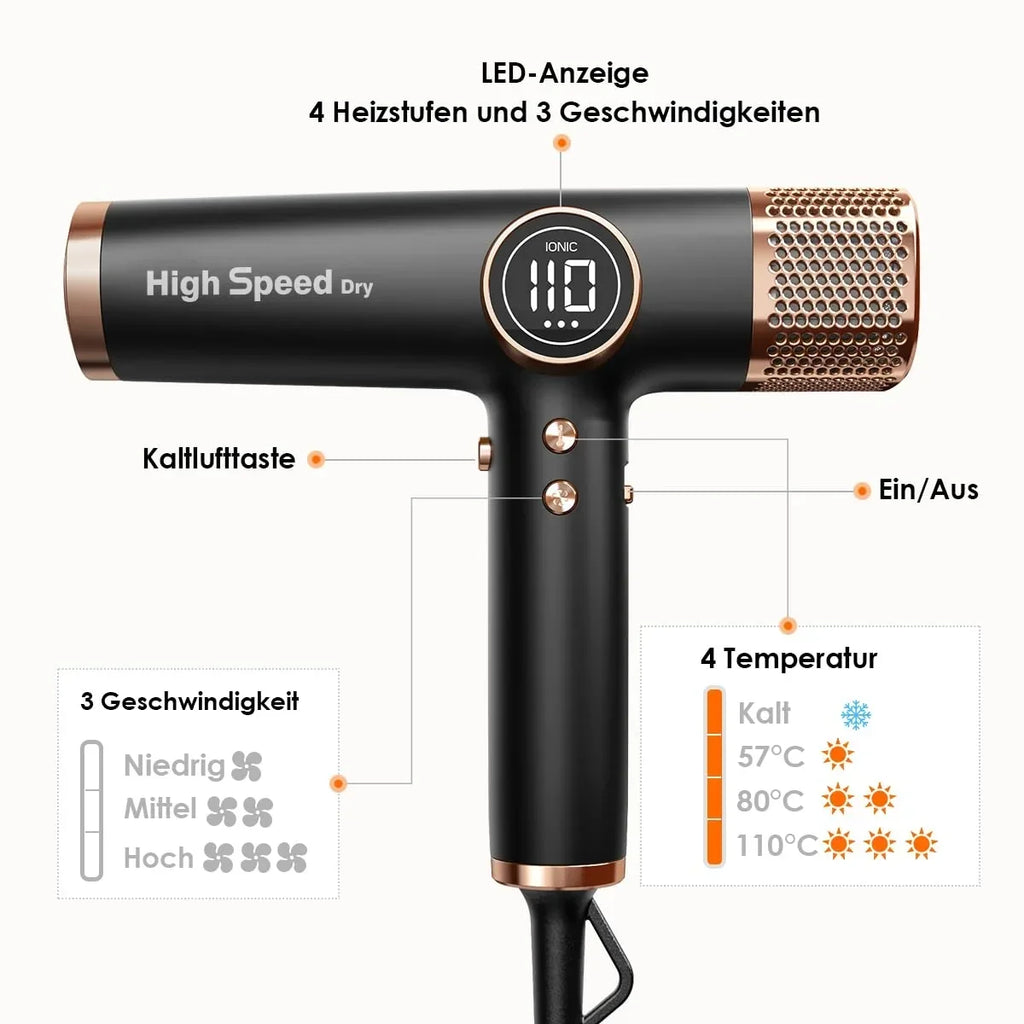 Secador de pelo Faszin con tecnología iónica, motor sin escobillas de 110.000 RPM, secado rápido, silencioso, pantalla LED, accesorios magnéticos, negro