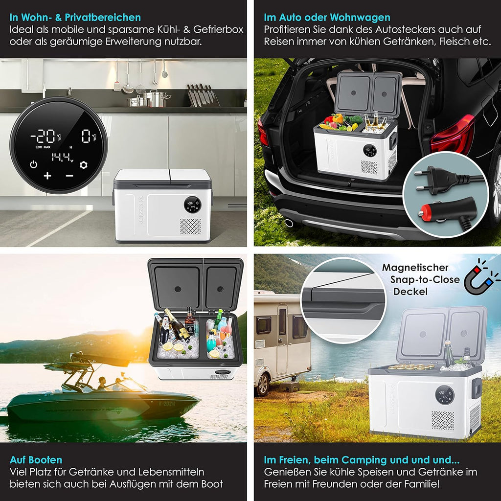Nevera portátil con compresor KESSER 2 en 1 de doble zona, refrigeración y congelador eléctrico con 2 acumuladores de frío y panel táctil LED | Refrigerador con enfriamiento hasta -20 °C para camping, coche, camión 12/24V 230V