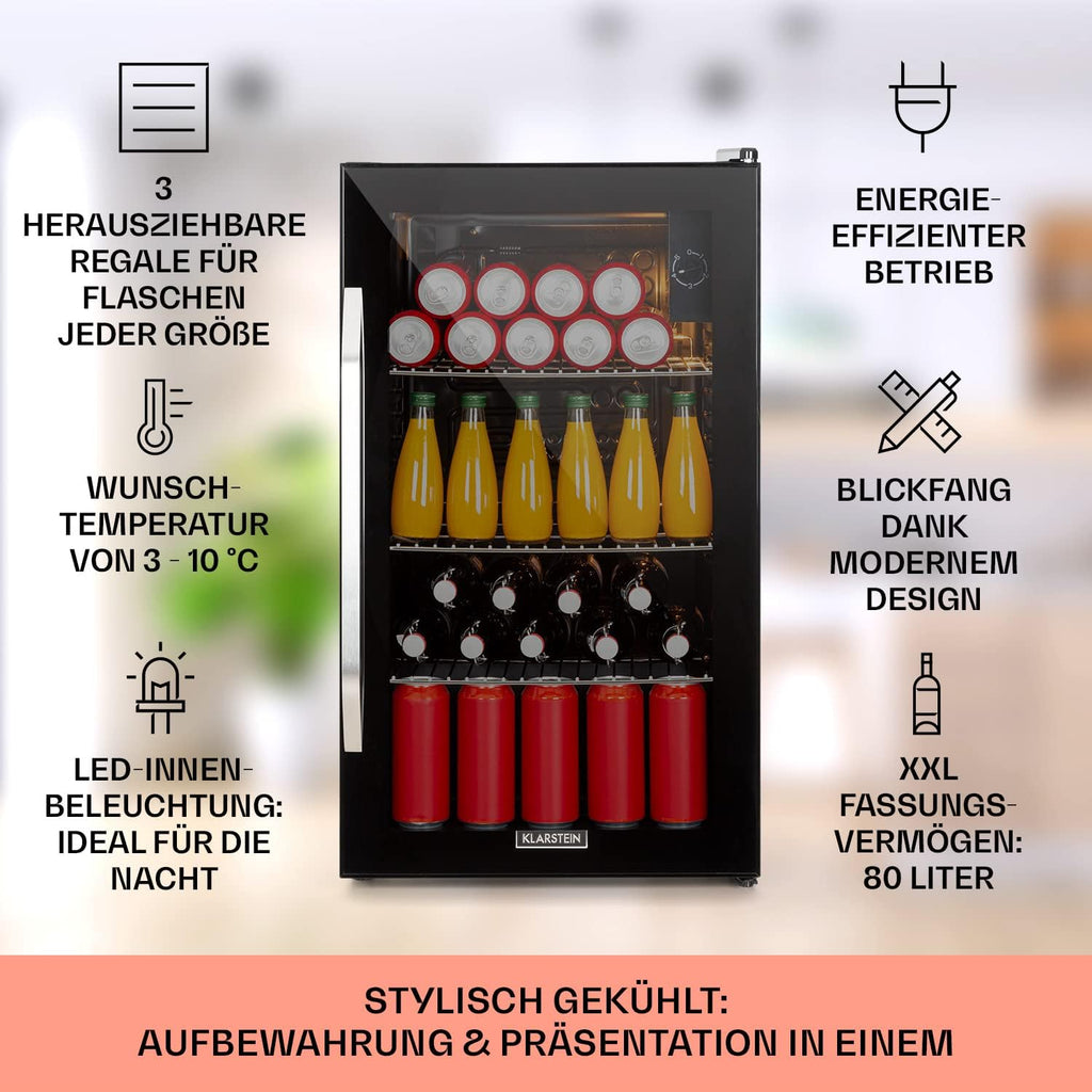 Mininevera Klarstein con puerta de cristal para habitaciones, refrigerador de bebidas con estantes ajustables, pequeño de 80 litros, frigorífico silencioso para interiores/exteriores