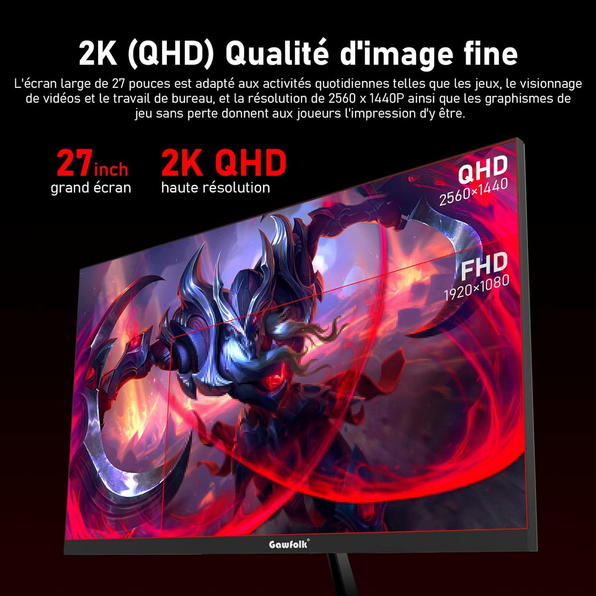 Monitor de PC IPS Gawfolk de 27 pulgadas, 2K WQHD (2560×1440P), monitor gaming de 320Hz, 1ms, sin bordes, 120% sRGB, gran angular de 178°, HDMI, DisplayPort, compatible con soportes de pared VESA 75x75mm - Negro