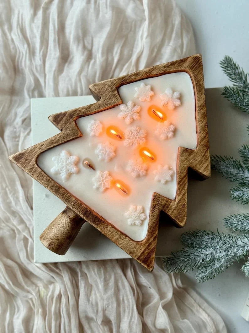 Cuenco de madera en forma de árbol de Navidad con copos de nieve o flor de Pascua, vela de soja, 100% cera de soja natural, mechas de madera, 26 cm x 19 cm