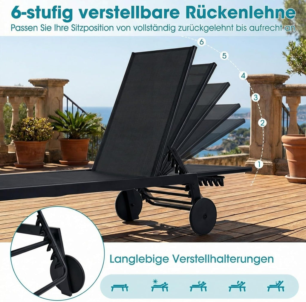 COSTWAY Juego de 2 tumbonas con ruedas, tumbona de jardín con respaldo ajustable y tejido de secado rápido, tumbona con ruedas con capacidad de carga de 150 kg, silla reclinable para jardín, balcón, terraza (negro)