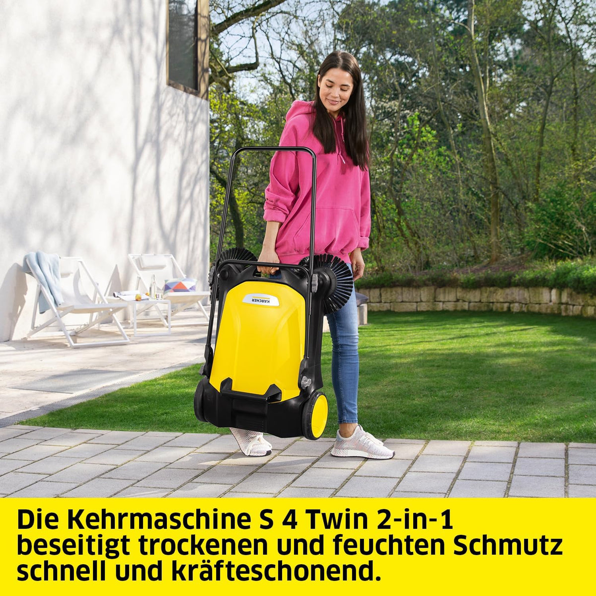Barredora Kärcher S 4 Twin 2 en 1, amarillo/negro | Rendimiento de superficie máx.: 2400 m²/h, 2 cepillos laterales, depósito de suciedad: 20 l, ancho de trabajo: 680 mm