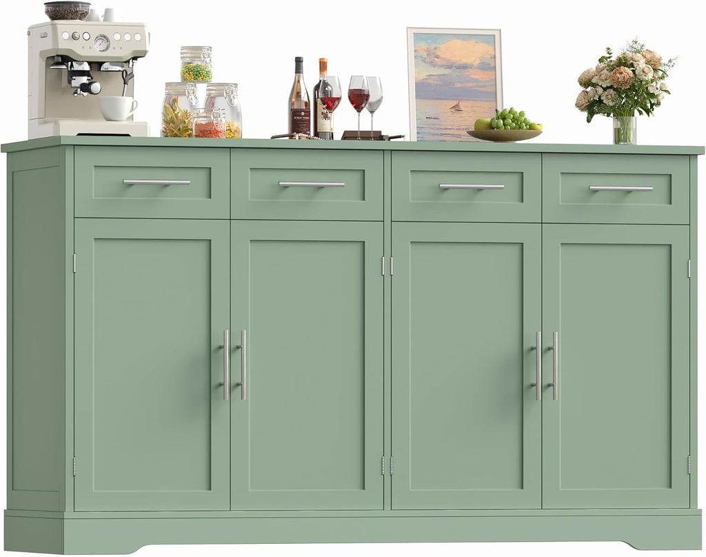 Aparador HOCSOK, armario de cocina de 150 cm de ancho con encimera, cómoda de cocina con 4 puertas y 4 cajones, aparador de cocina, mueble buffet con tiradores para salón, cocina y comedor