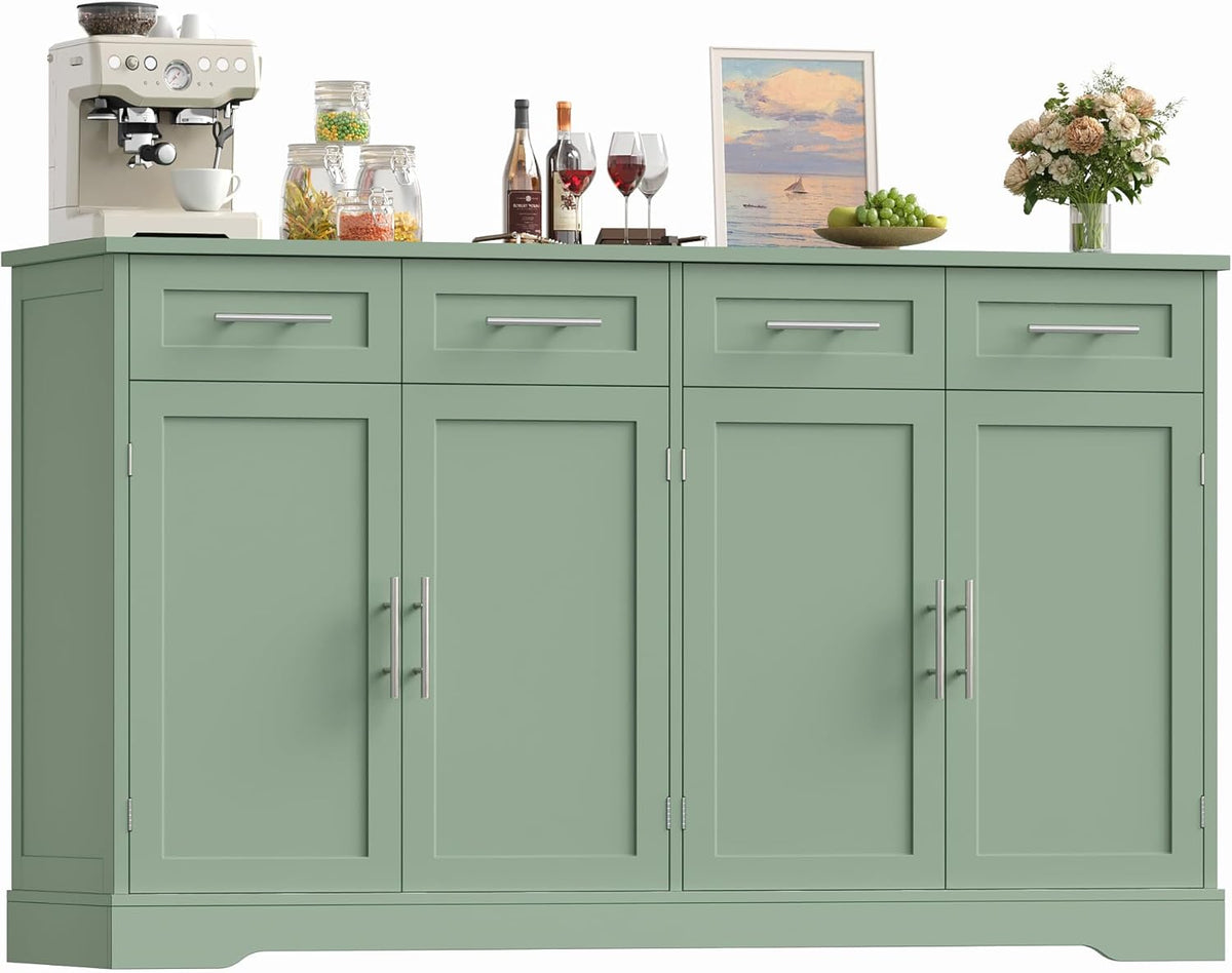 Aparador HOCSOK, armario de cocina de 150 cm de ancho con encimera, cómoda de cocina con 4 puertas y 4 cajones, aparador de cocina, mueble buffet con tiradores para salón, cocina y comedor