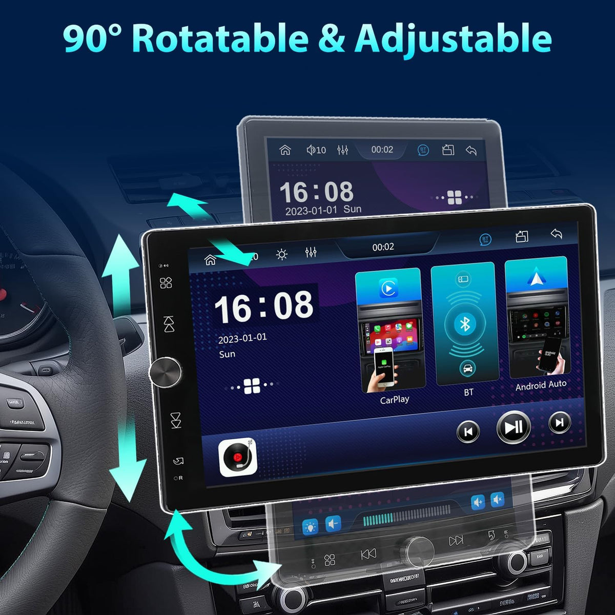 Autorradio Alondy 1 DIN con pantalla táctil giratoria de 10,4 pulgadas compatible con Apple CarPlay/Android Auto [inalámbrico], Bluetooth, cámara de marcha atrás, radio AM/FM RDS, USB, AUX y SD