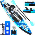 Tabla de paddle surf inflable con asiento de kayak, 330 x 76 x 15 cm, hasta 150 kg, almohadilla integrada, aleta desmontable, remo doble ajustable, kit de reparación, camuflaje azul