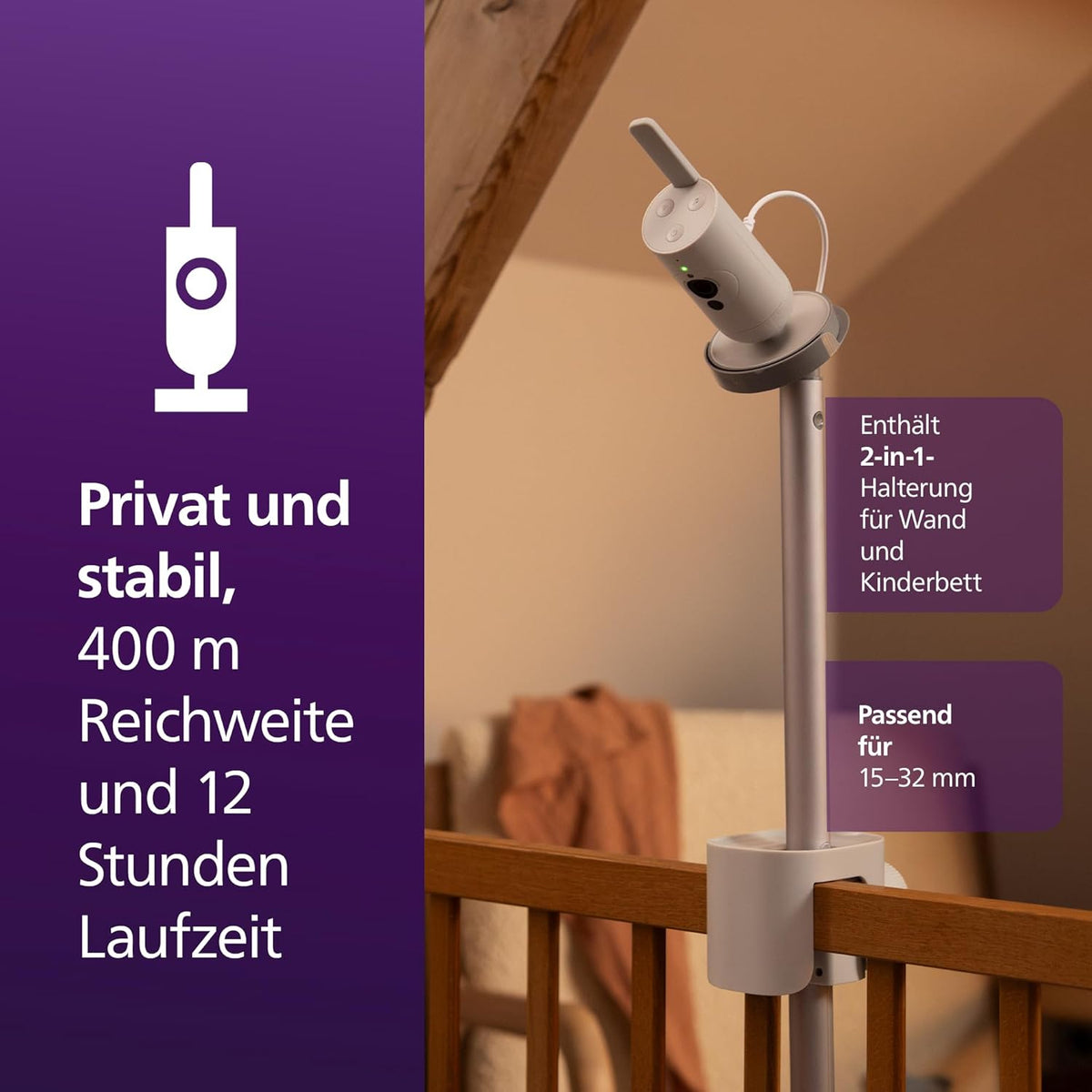 Vigilabebés con vídeo conectado PHILIPS Avent con Wi-Fi, cámara HD de alta calidad, visión nocturna por infrarrojos, detección de llanto, función de comunicación bidireccional, 12 horas de duración de la batería en modo Eco, modelo SCD951/26