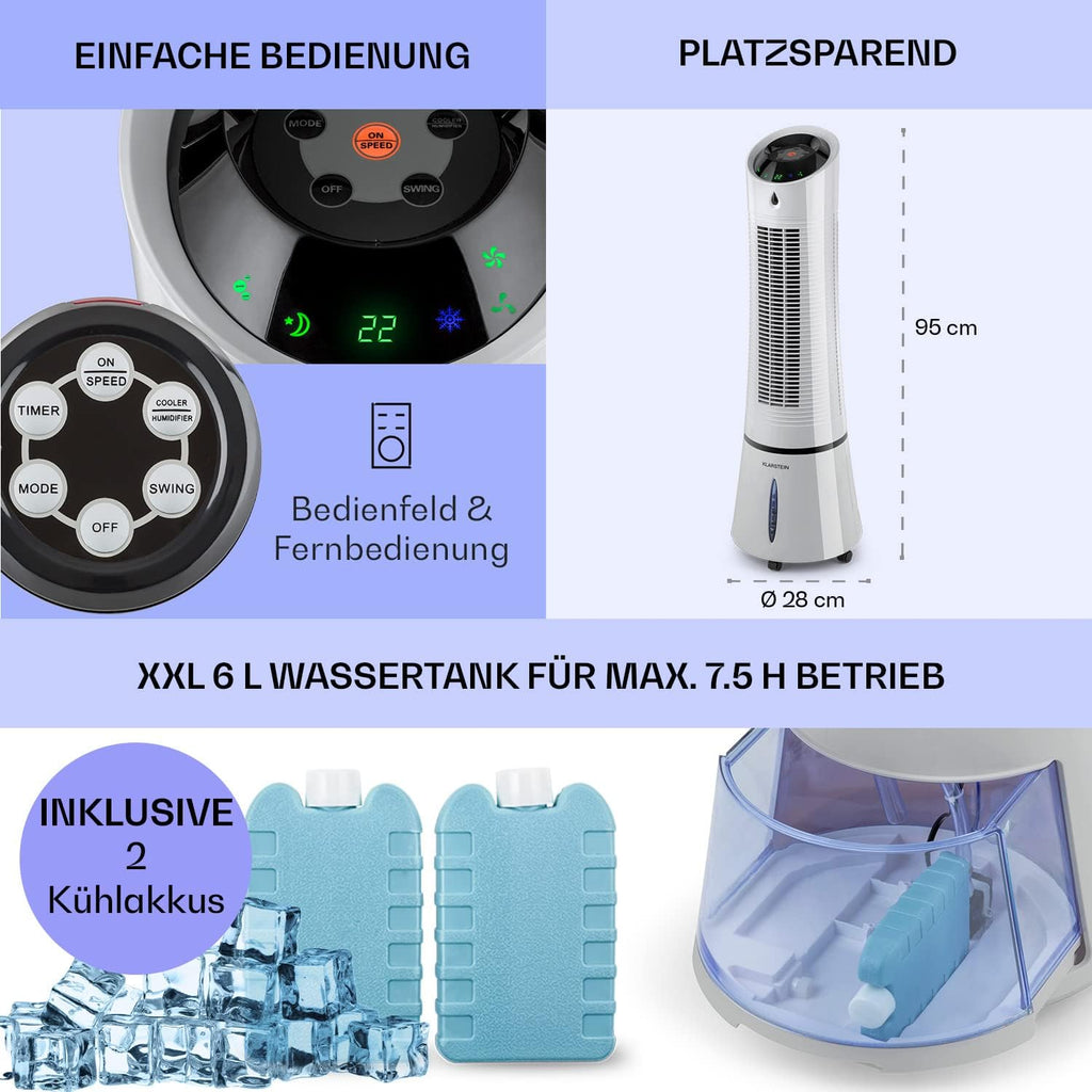 Klarstein 4 en 1: Enfriador de aire inteligente, ventilador, humidificador e ionizador I Depósito de agua de 6 L, oscilación, 30 W, 210 m³/h, temporizador I Aire acondicionado sin tubo de escape, aire acondicionado portátil, negro-oro rosa