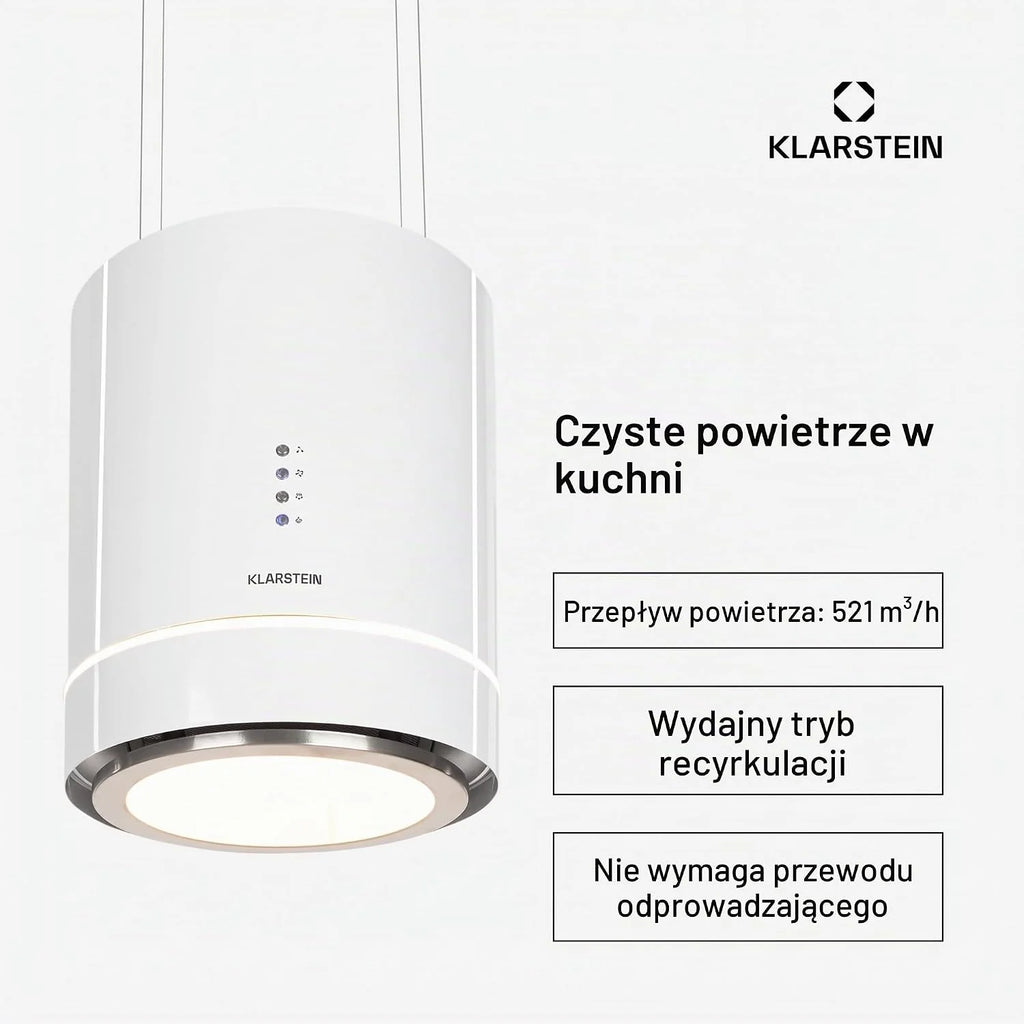 Klarstein Okap kuchenny, Okap wyspowy wiszący, wyciągowy/z recyrkulacją do montażu sufitowego, Nowoczesny z 3 biegami, Przepływ 521m³/h, Filtr węglowy, wyspowy sufitowy
