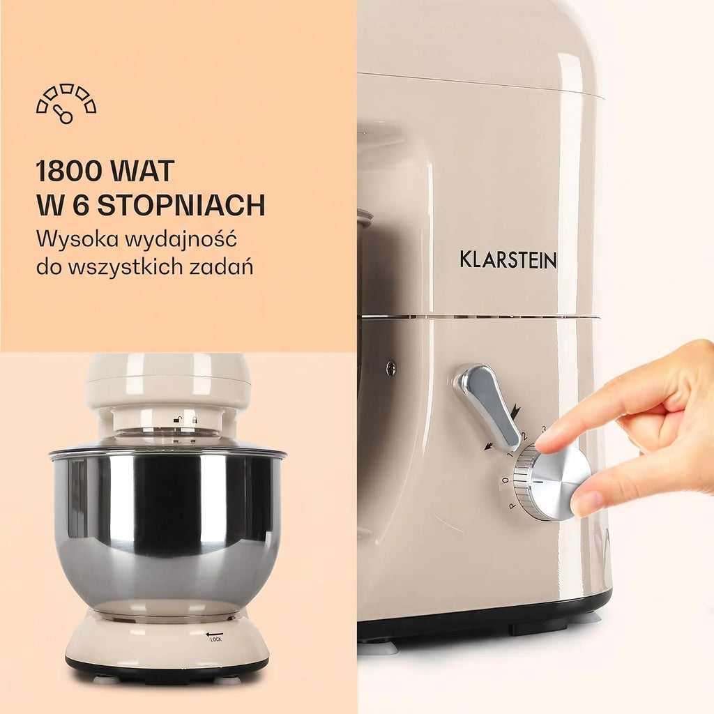 Klarstein Robot kuchenny, Maszyna do wyrabiania ciasta z misą 5L, 2000W profesjonalny robot z hakiem i trzepaczką, Uniwersalny z 6 biegami, Maszyna do mieszania, ugniatania i ubijania