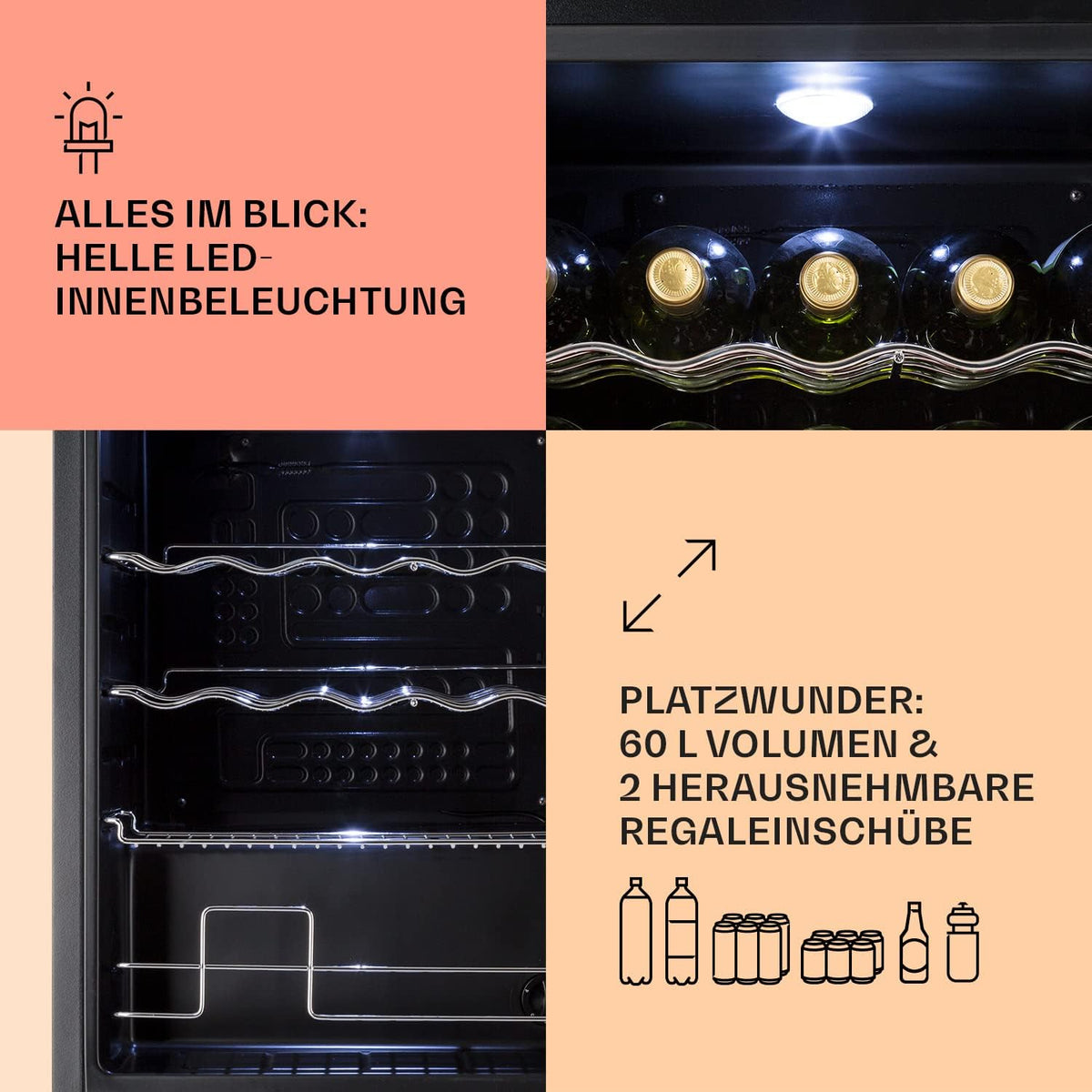 Mininevera Klarstein con puerta de cristal para habitaciones, refrigerador de bebidas con estantes ajustables, pequeño de 80 litros, frigorífico silencioso para interiores/exteriores