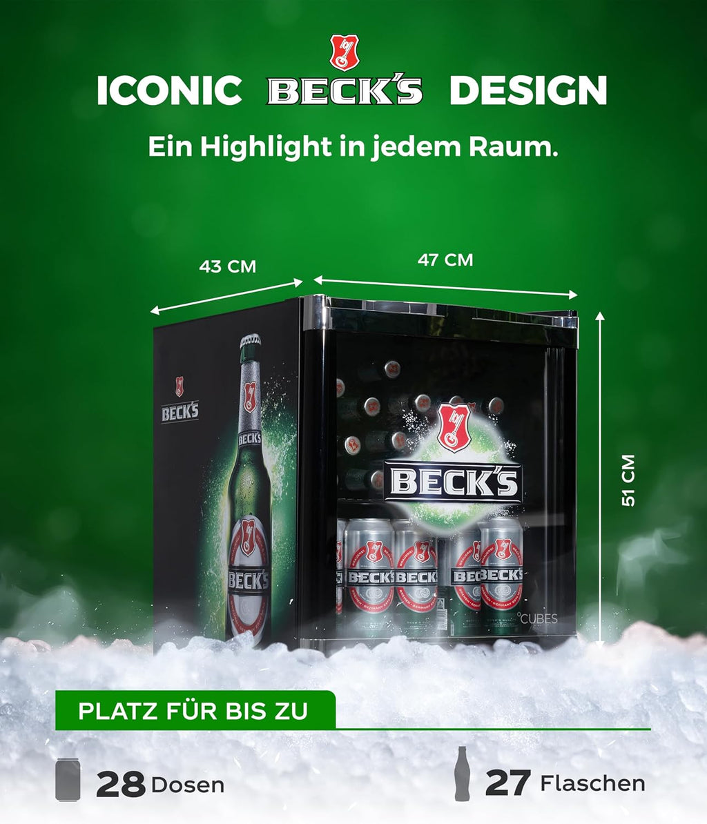 Mininevera para bebidas CUBES BECK’S de 48 l (negro/verde) – Refrigerador compacto para botellas con puerta de cristal y sentido de apertura reversible – Silencioso y eficiente energéticamente – Bar, cocina y gaming – Enfriador de bebidas