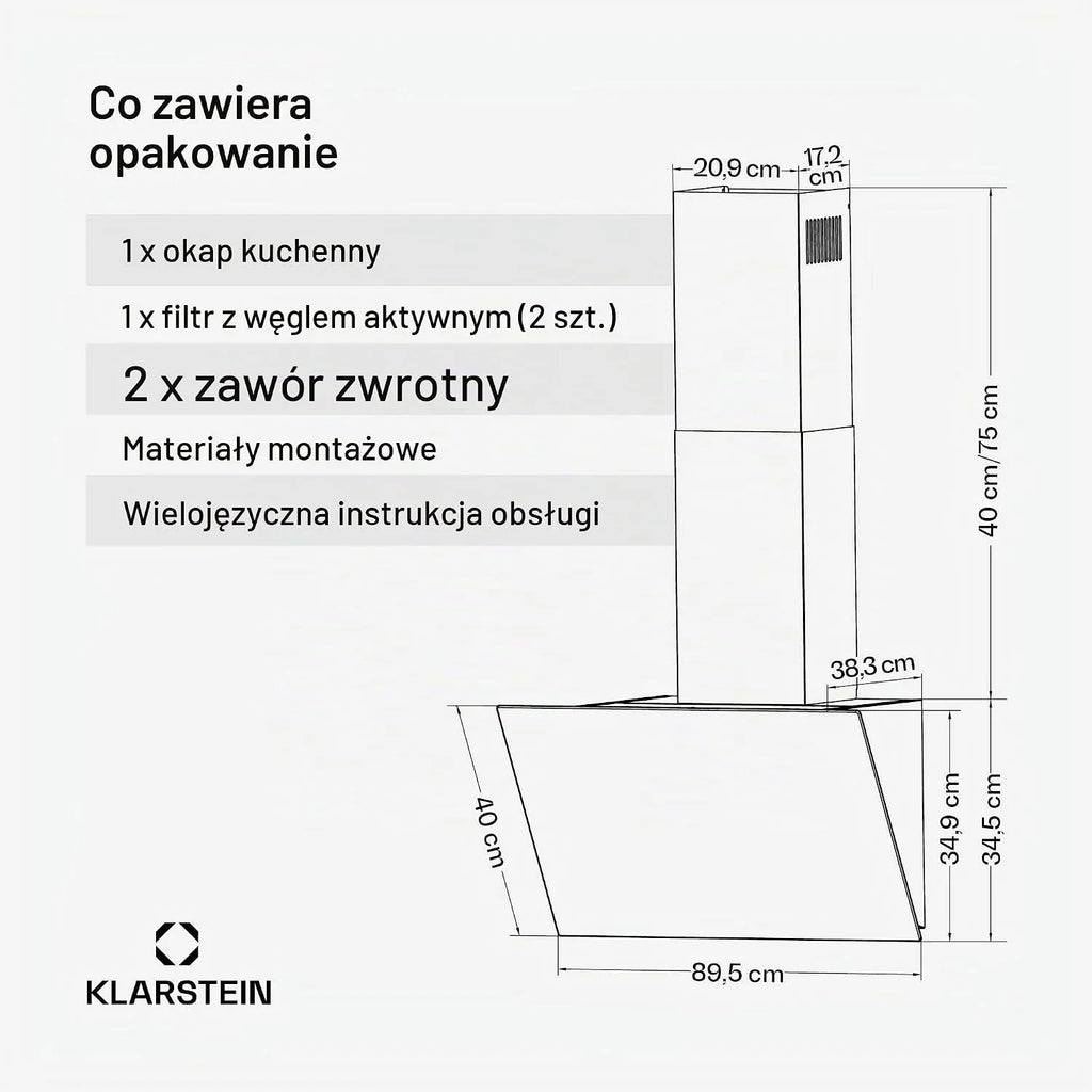 Klarstein FlashLine Okap kuchenny – Okap skośny 90 cm, Ekran dotykowy, 578 m³/h, Klasa energetyczna A++, Oświetlenie LED, 34,5 dB, Czarny, Tryb wyciągu i recyrkulacji