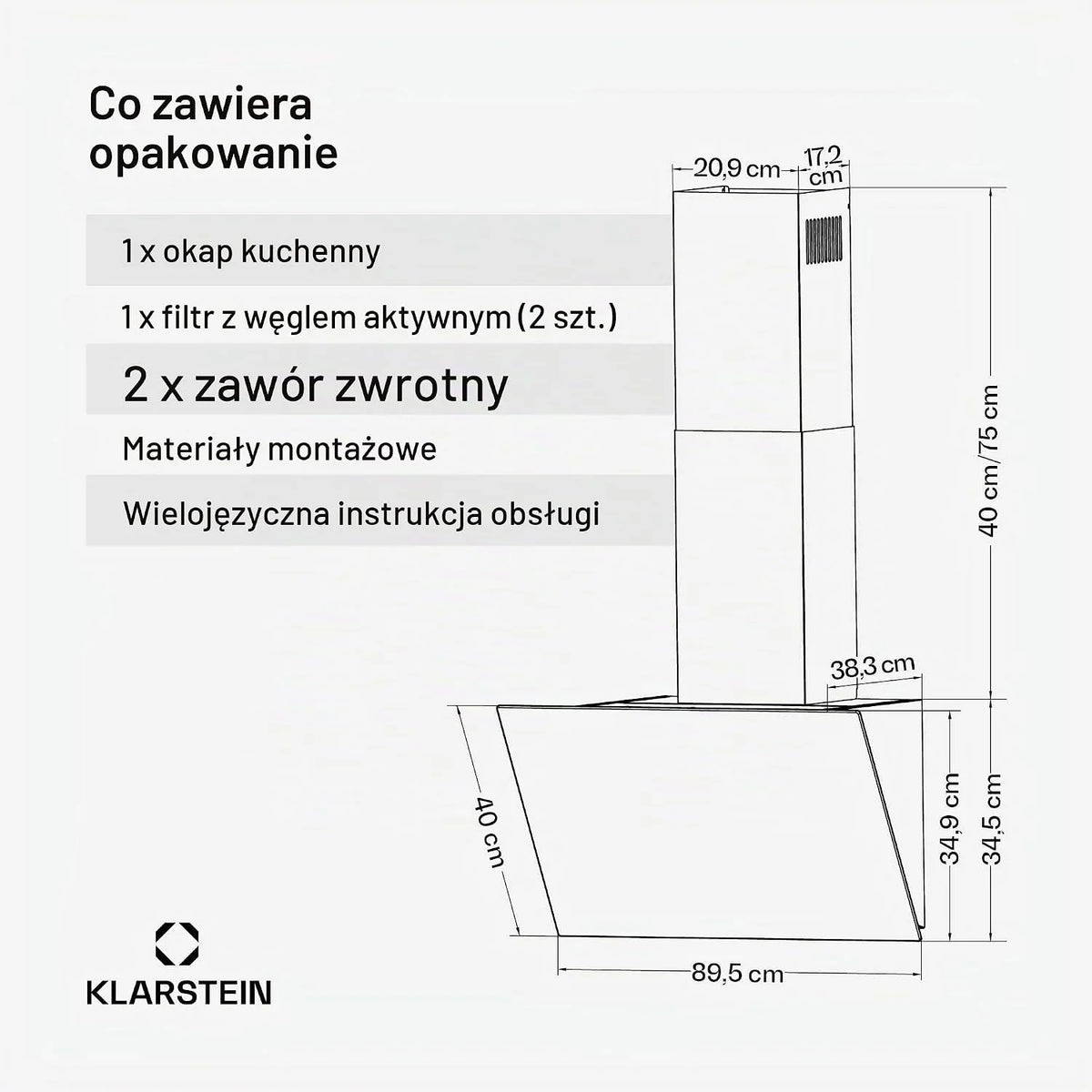 Klarstein FlashLine Okap kuchenny – Okap skośny 90 cm, Ekran dotykowy, 578 m³/h, Klasa energetyczna A++, Oświetlenie LED, 34,5 dB, Czarny, Tryb wyciągu i recyrkulacji