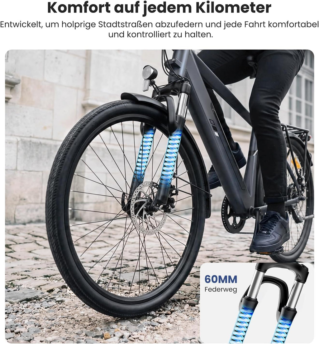 Bicicleta eléctrica Touroll J1 ST/J2 de 26'', bicicleta de trekking eléctrica para hombre y mujer con batería de 561,6 Wh, 100 km de autonomía, 250 W, bicicleta eléctrica con transmisión de 7 velocidades, pedelec, bicicleta urbana para adultos
